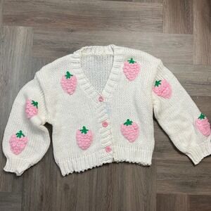 Kawaii Coquette Chunky Knit Cardigan Womens Small Cream Strawberry Cottagecore